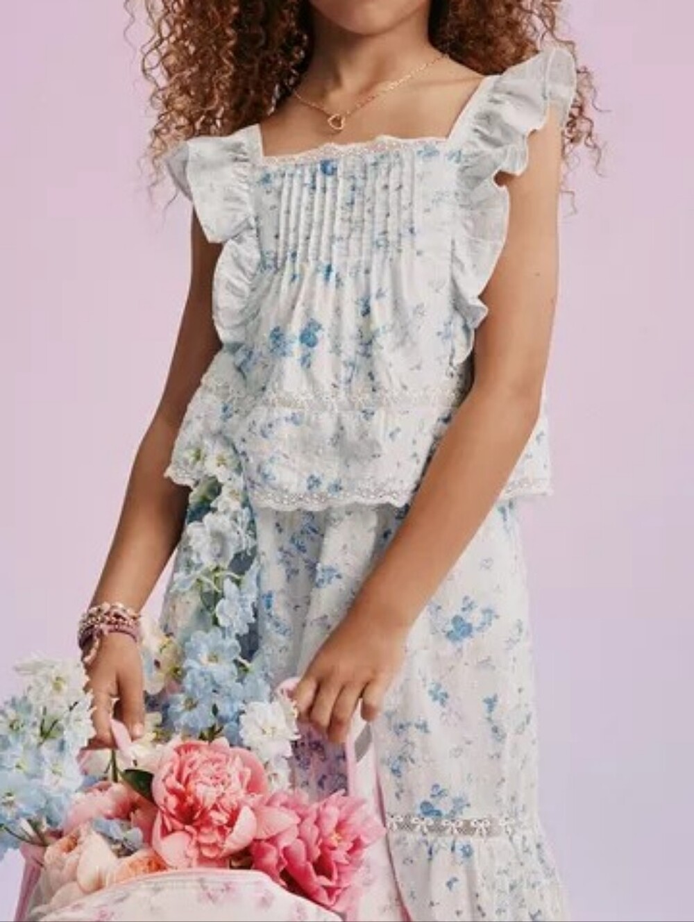 LoveShackFancy x Target baby blue Rebecca Budding Florals Ruffle Tank Top NWT